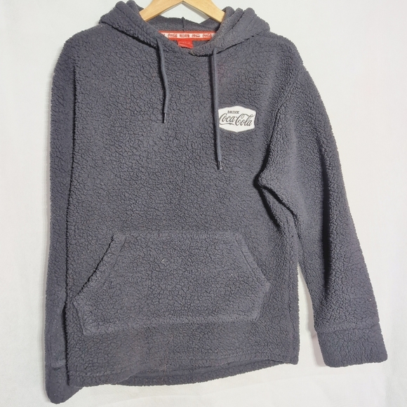 Coca Cola Black Sherpa Hoodie B/W Logo Sz L - Picture 2 of 7
